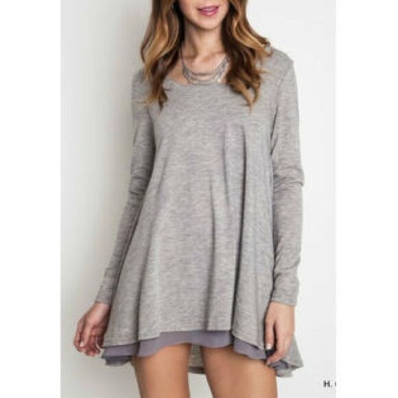 Umgee Heather Grey chiffon Layered Flare Tunic - Picture 1 of 8